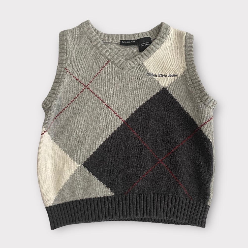 Calvin Klein Jeans Toddler Boys Sweater Vest Size 4T Argyle 100% Cotton Preppy